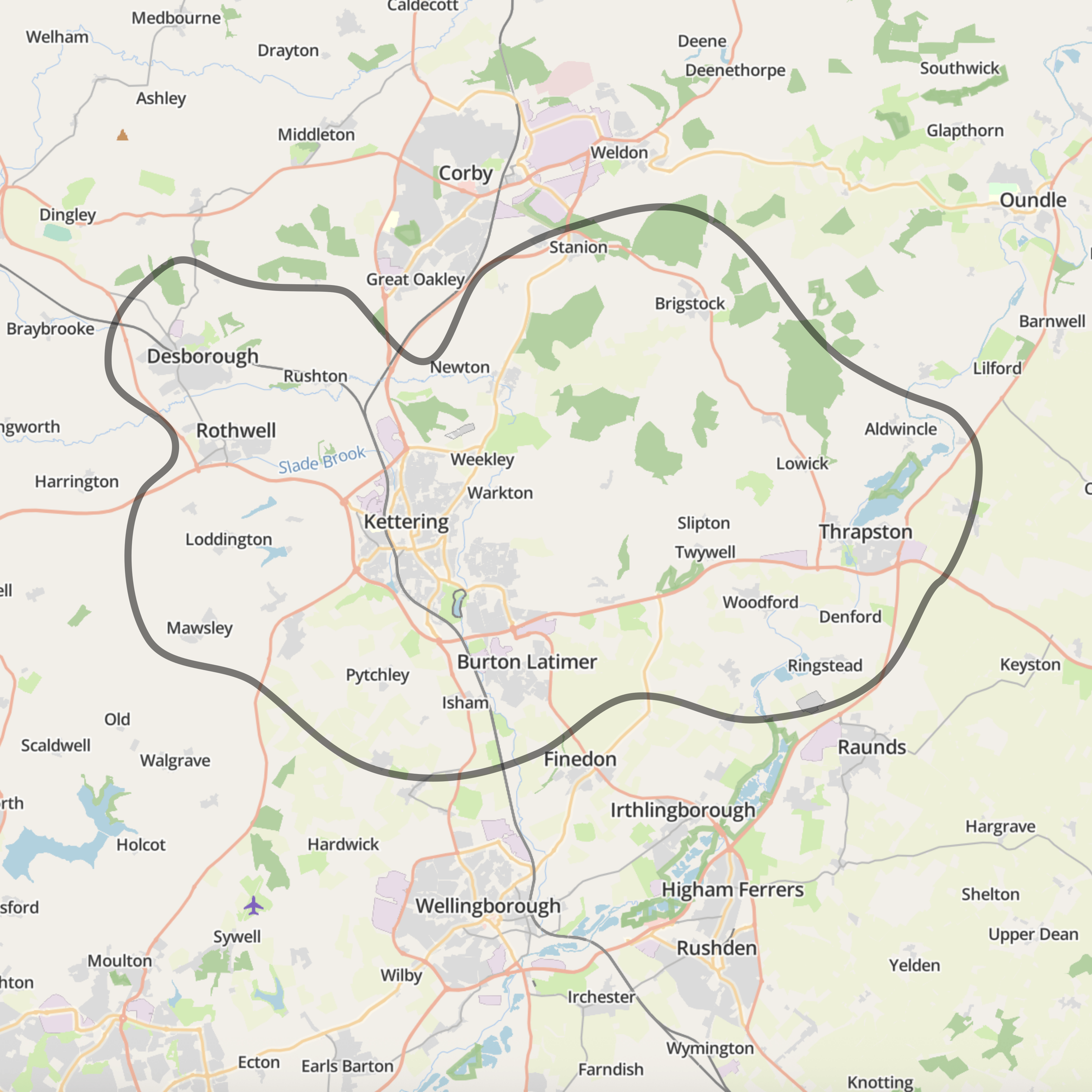 Map showing NN14, NN15 and NN16 service area around Kettering